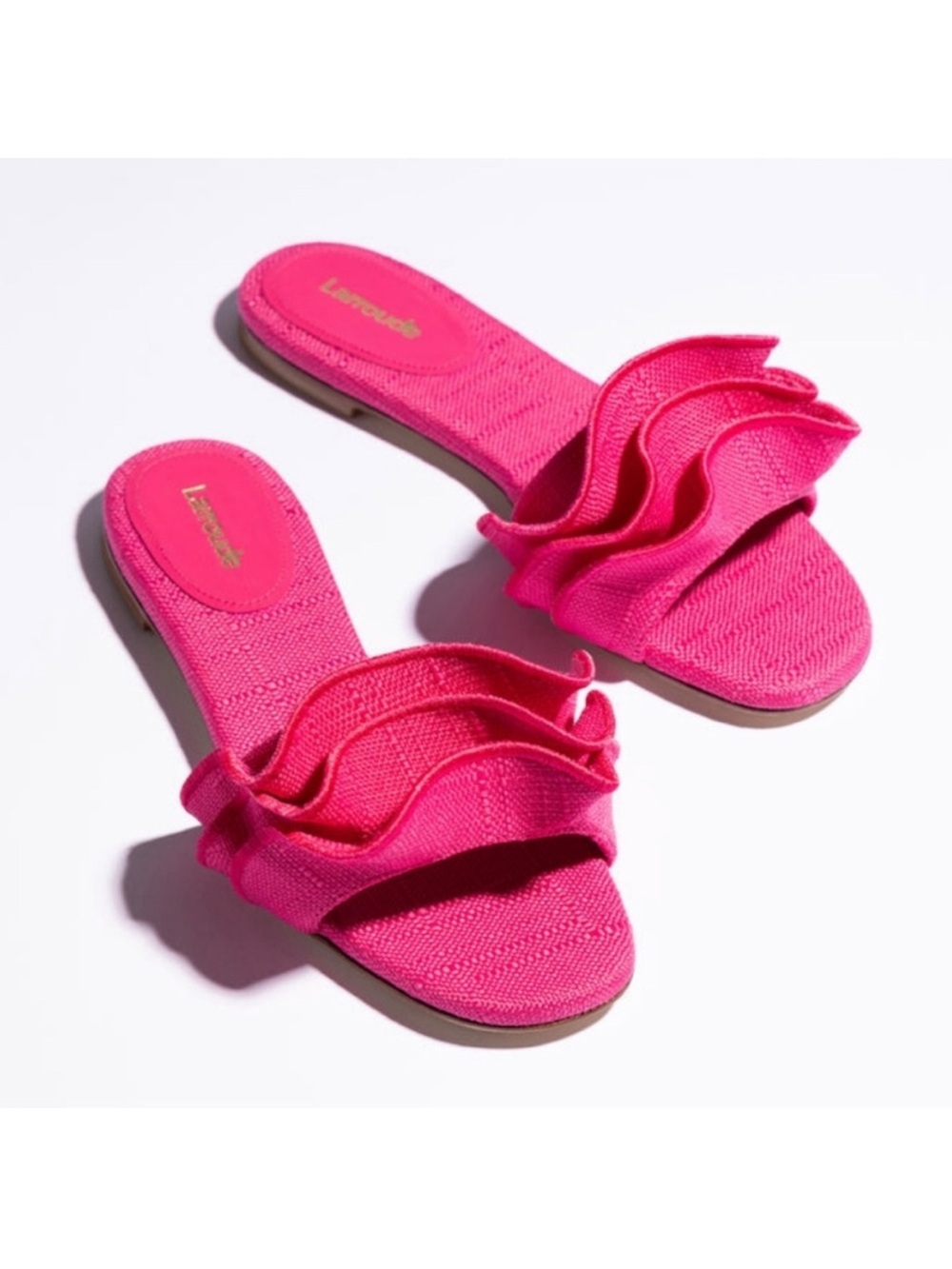 Larroude Ruffle Flat Slide Sandal Pink US 9